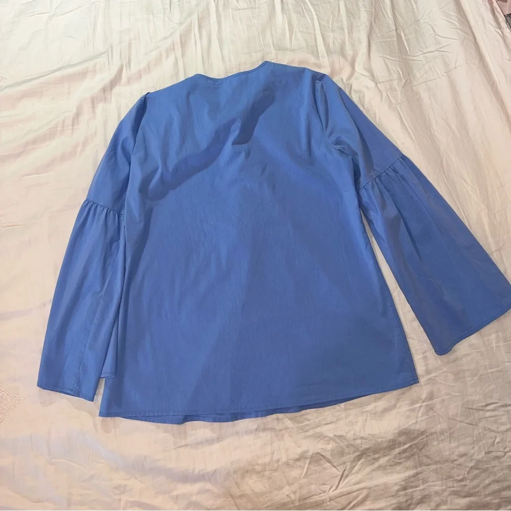 Michael Kors Blue Lace Up Neck Bell Sleeve Blouse Flowy Top NWOT Size M